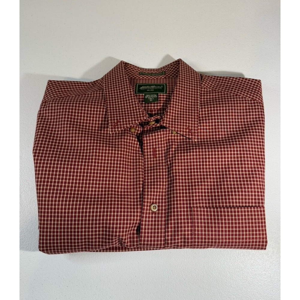 Eddie Bauer Button Down Shirt Men's Tall XL Long Sleeve, Burgundy/White